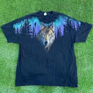 Vintage 1996 Wolf Night Sky Tee Shirt black and purple graphic retro size xl